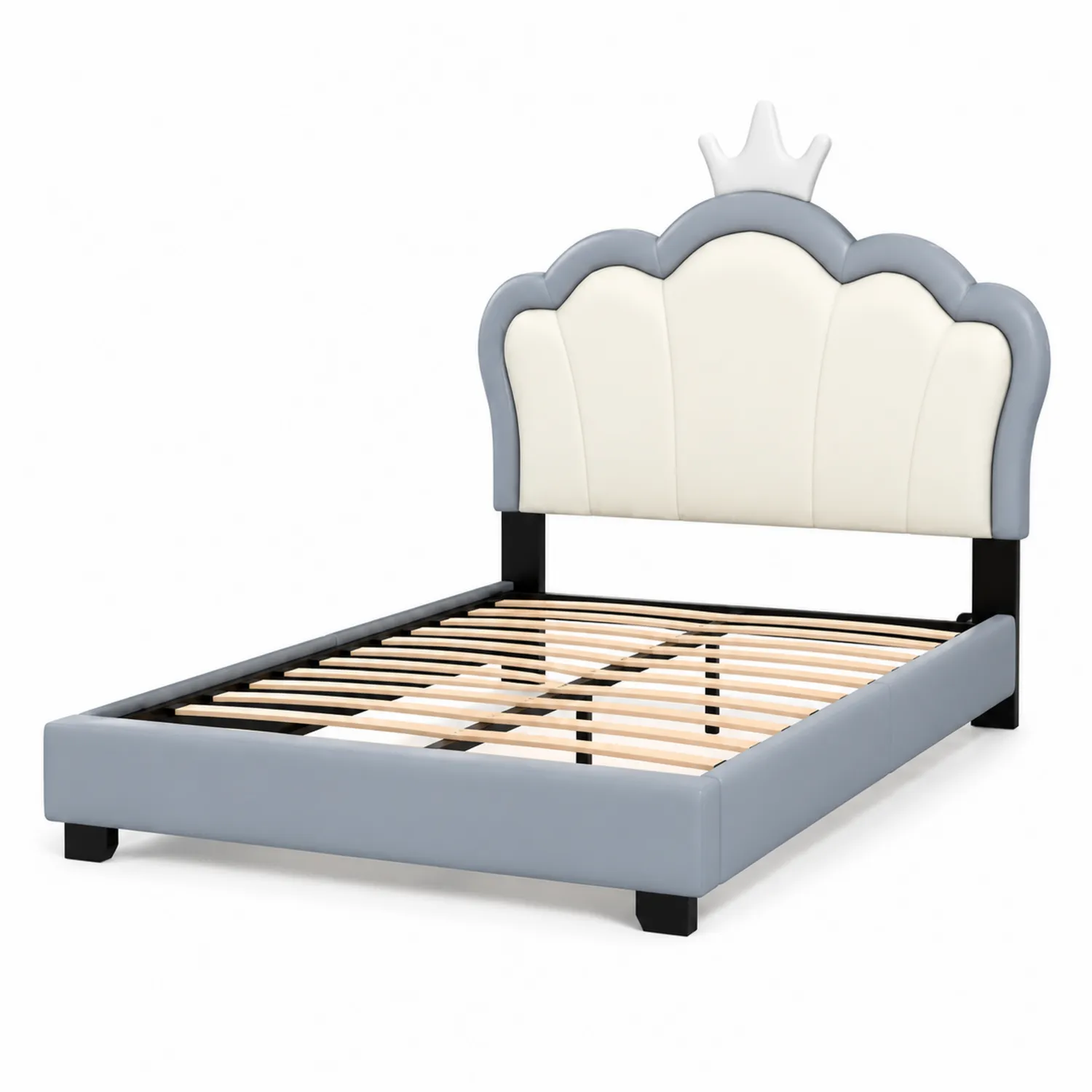 Lit Enfant en Bois et Similicuir Gris et Blanc avec Tête Couronne 200x90 cm