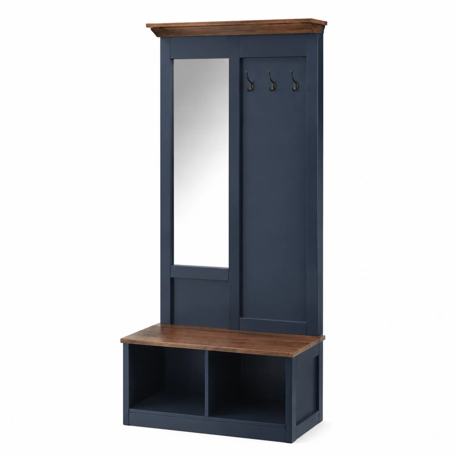 Porte-manteau en bois avec miroir et banc Bleu foncé
