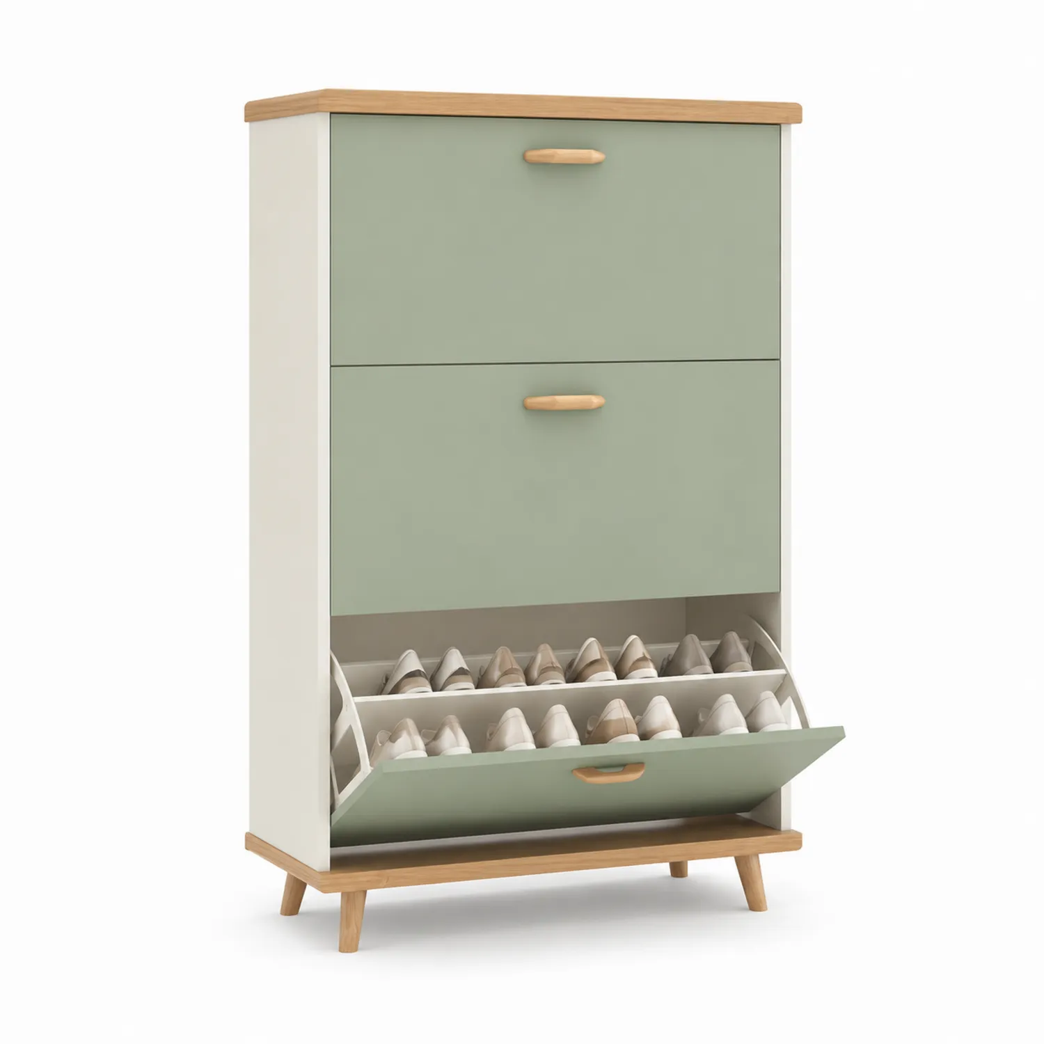 Meuble à chaussures en bois avec 3 abattants en bois et MDF Vert clair/Beige