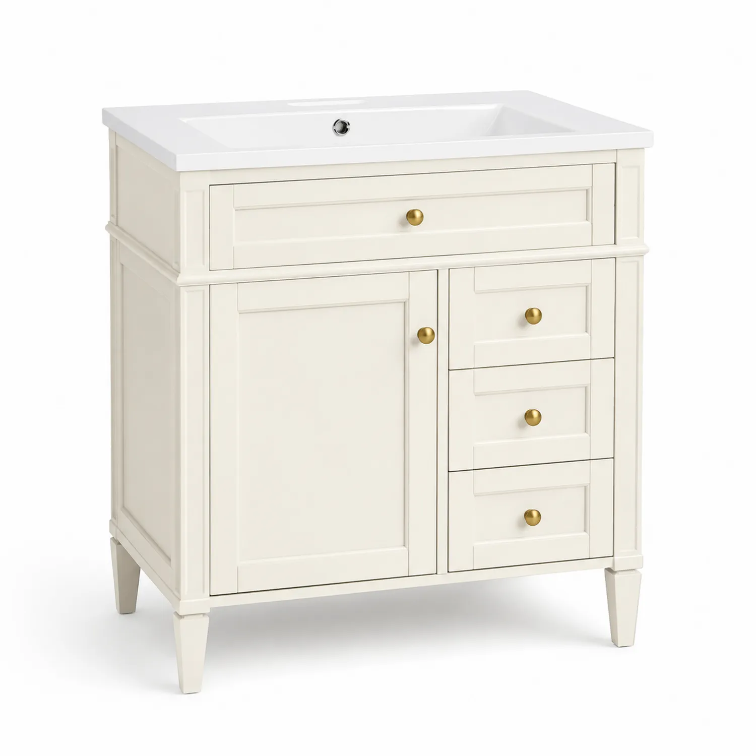 Meuble lavabo en bois avec lavabo en céramique et poignées dorées 80 cm