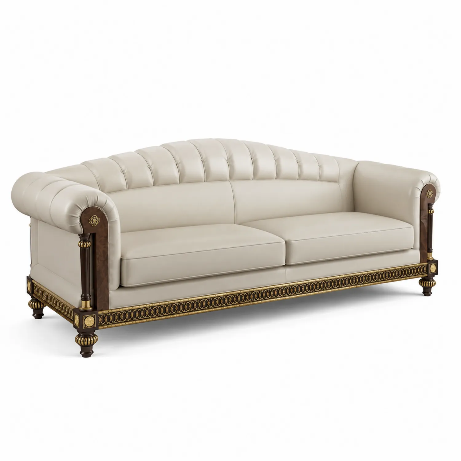 Canapé 3 places en cuir synthétique beige et bois massif