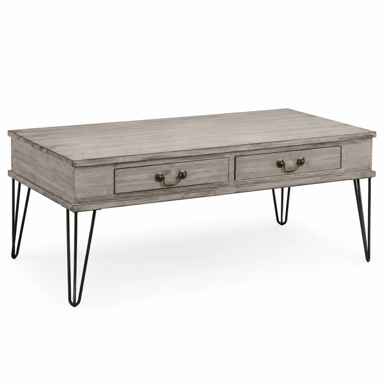 Table basse rectangulaire en bois de pin avec pieds en métal et deux tiroirs 110 cm