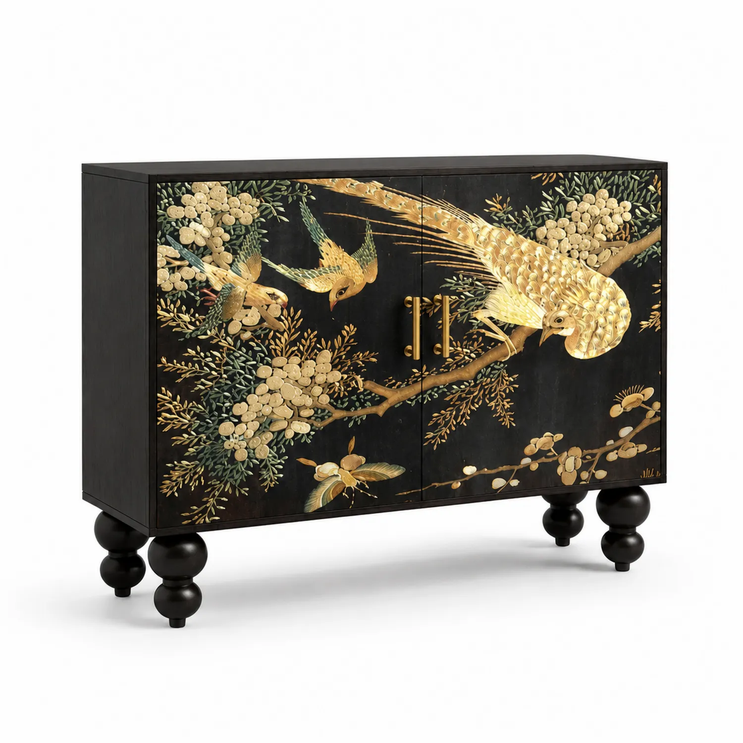 Buffet en bois avec motif oiseau doré 90x120x40 cm