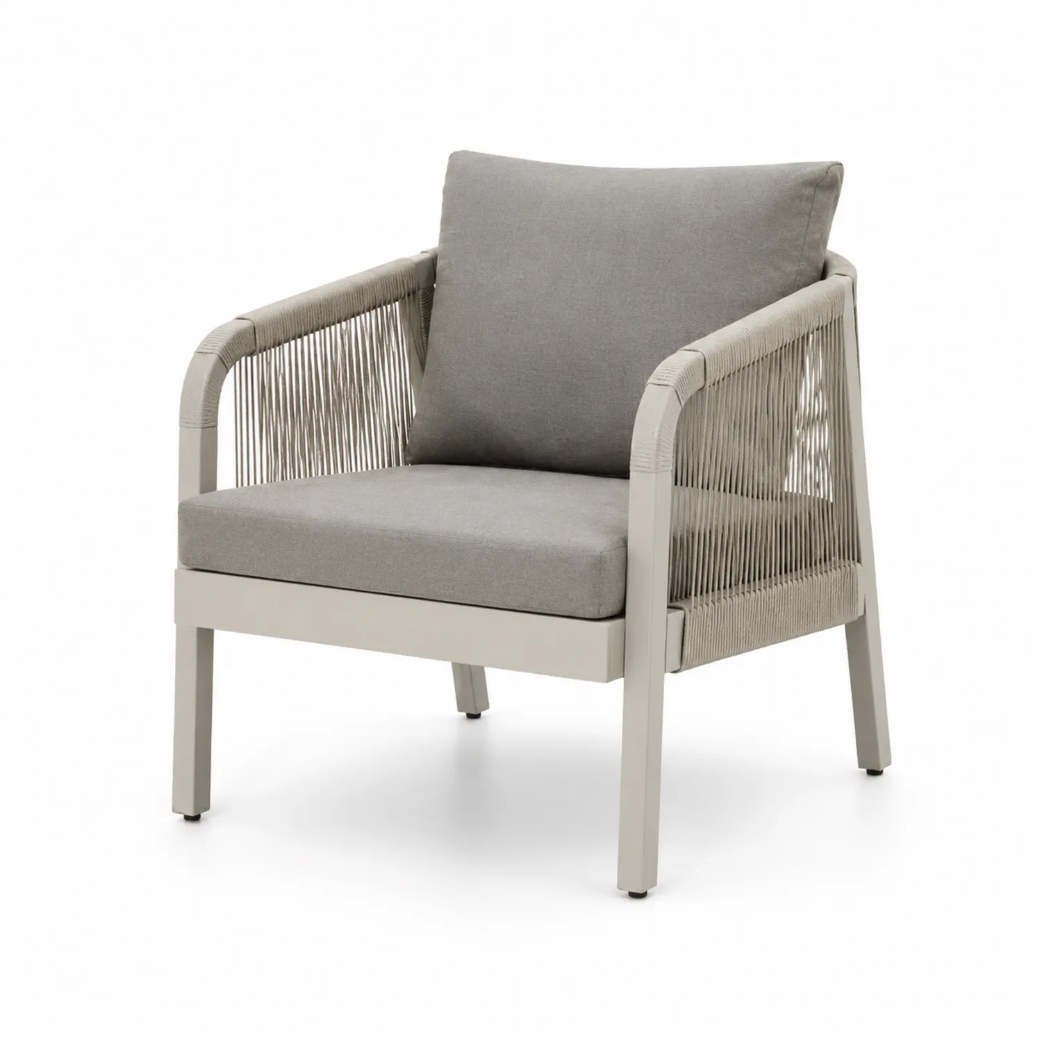 Fauteuil en aluminium et corde avec coussins gris
