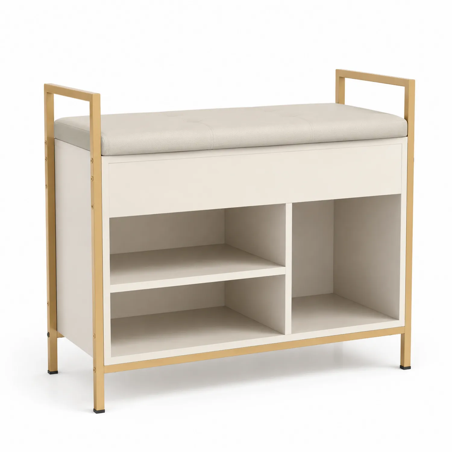 Banc de rangement en métal doré avec coussin beige