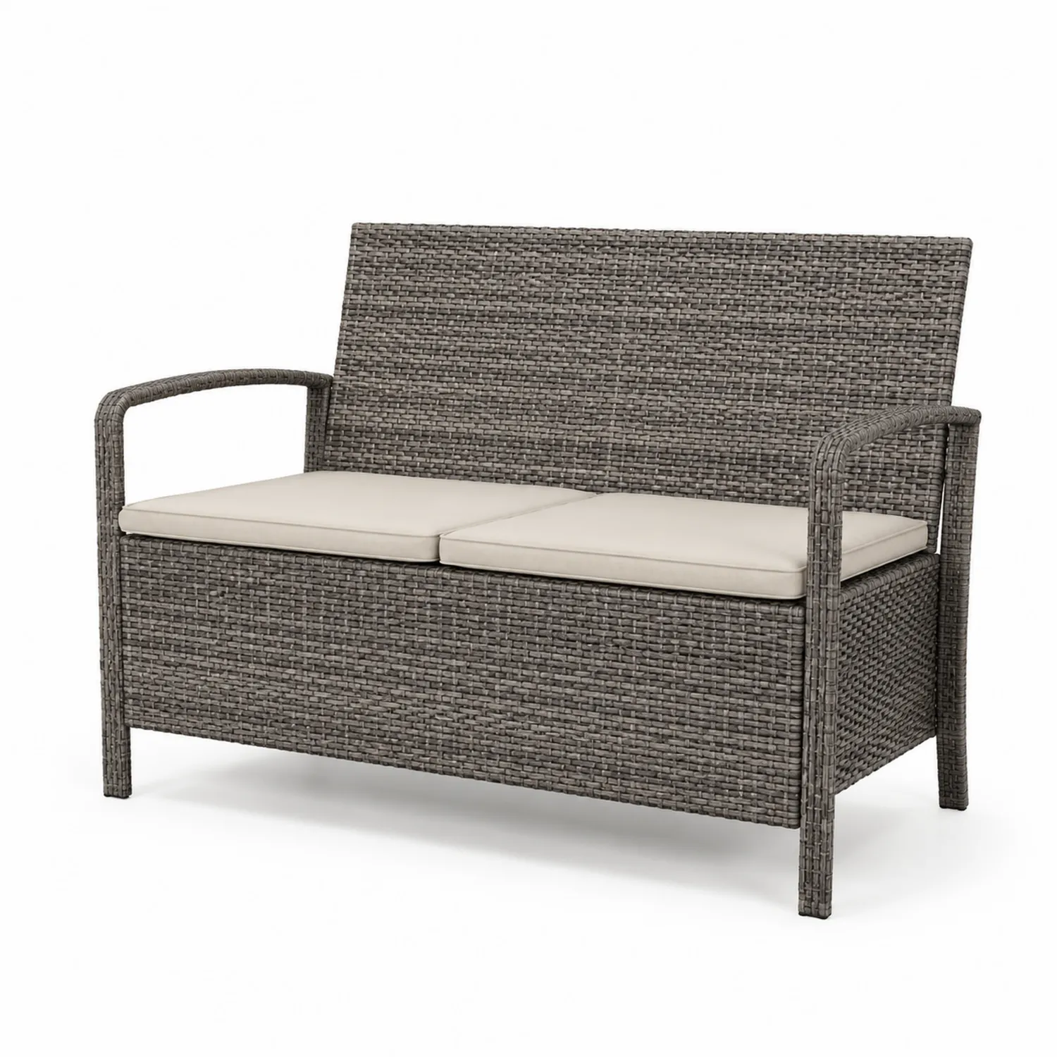 Banc en résine tressée gris avec coussins beiges