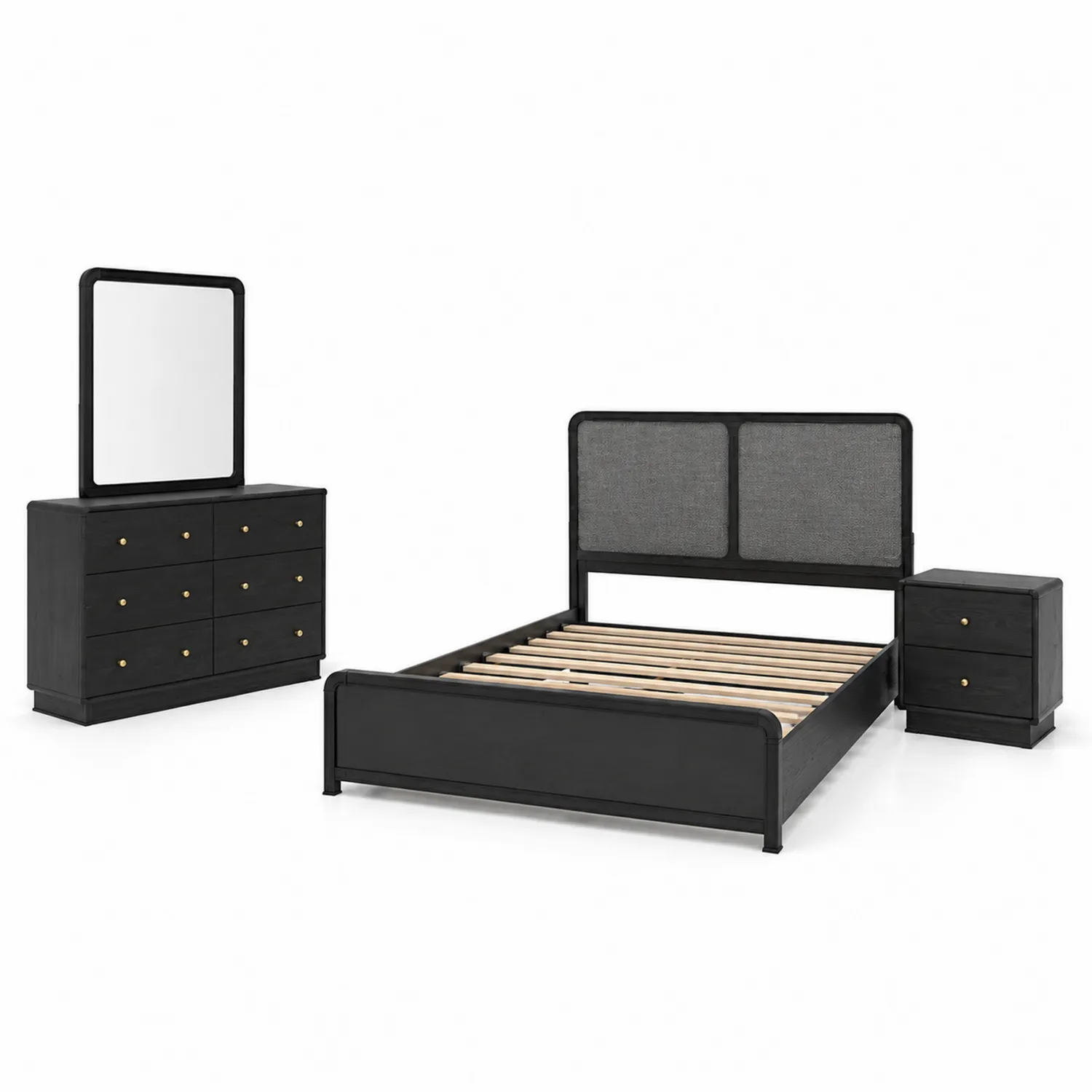 Ensemble chambre bois noir avec lit double et commode 6 tiroirs