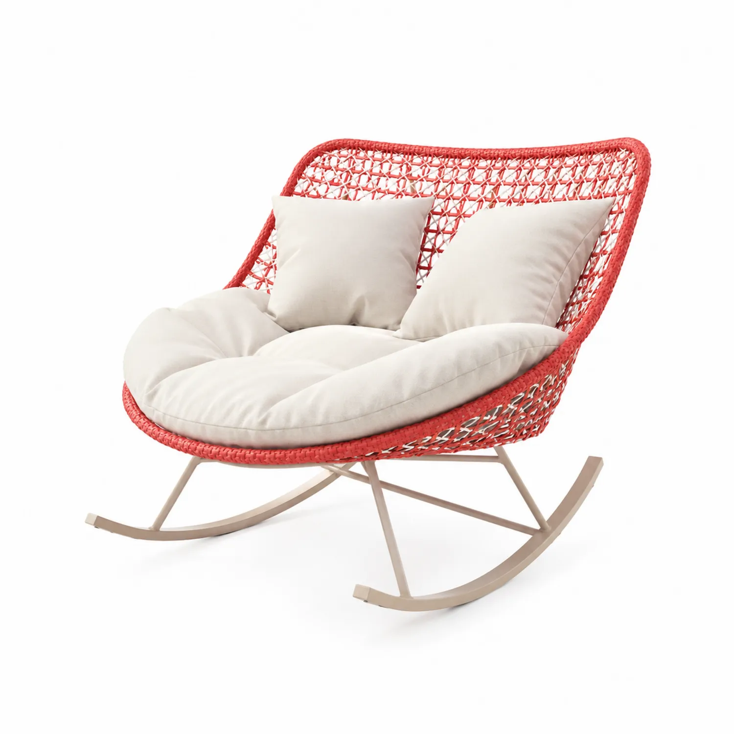 Chaise à bascule en rotin rouge et acier avec coussins en polyester beige