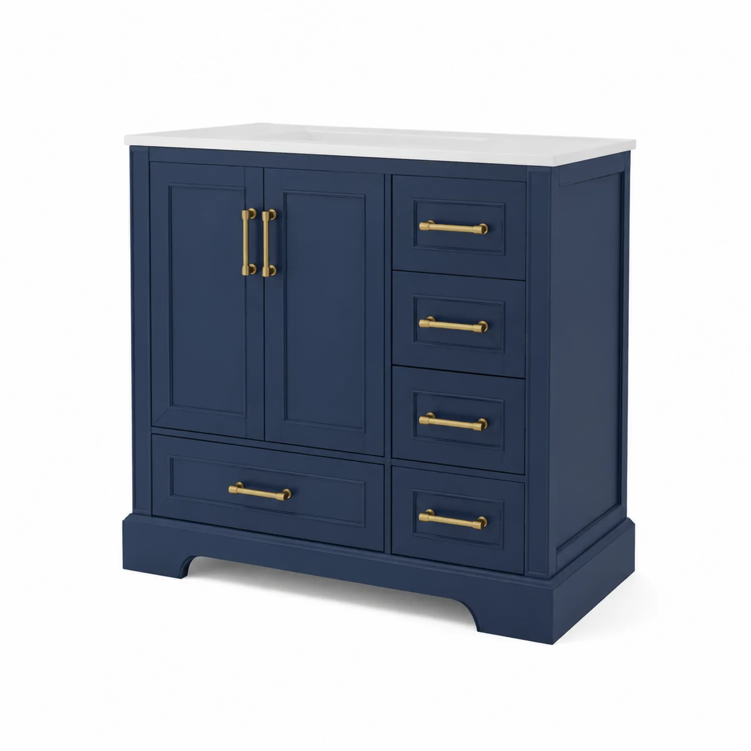 Meuble lavabo en bois avec plateau en marbre blanc et poignées dorées 90cm