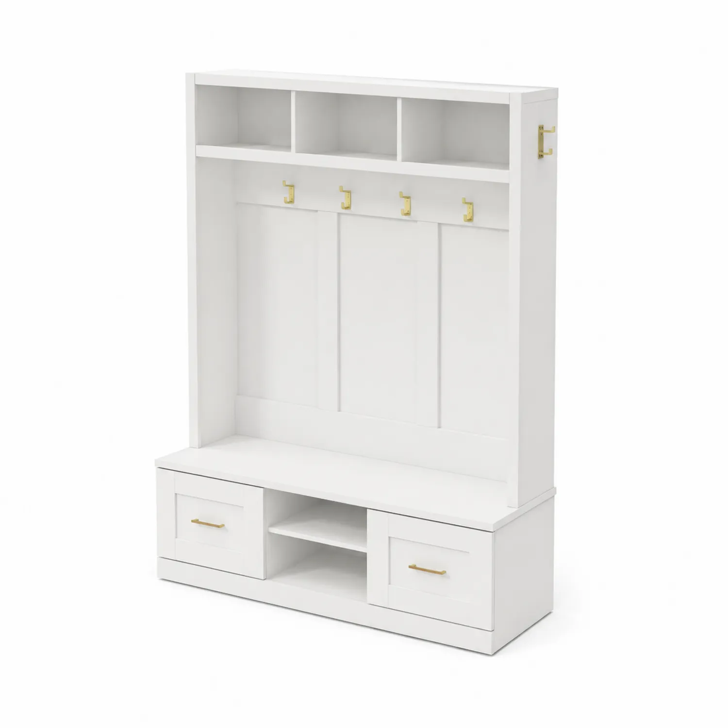 Meuble d'entrée en bois MDF blanc avec crochets et tiroirs