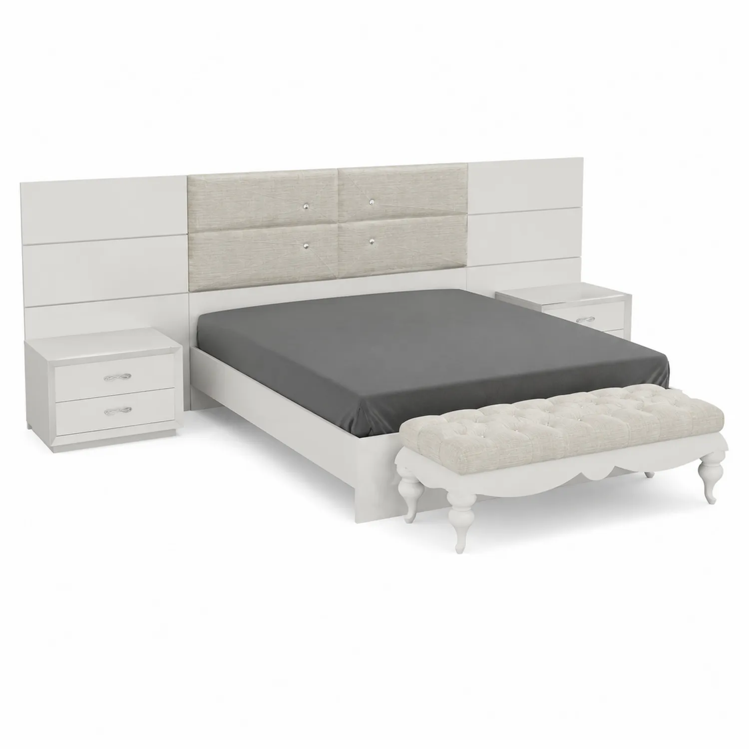 Ensemble de chambre avec lit double en bois Blanc/Gris