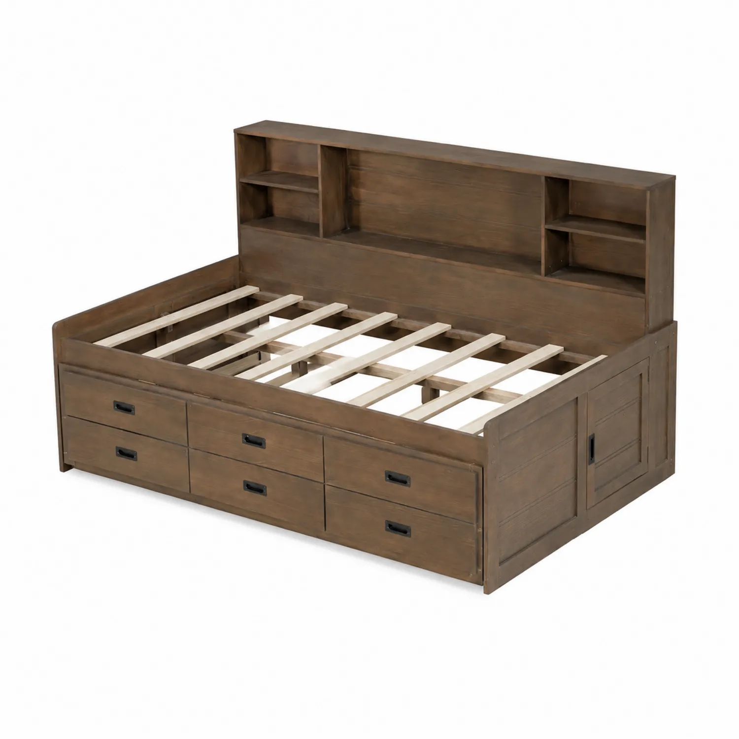 Lit en bois avec tiroirs et étagères intégrées