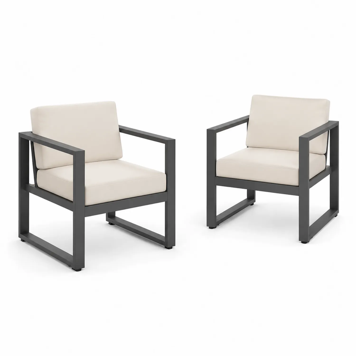 Lot de 2 fauteuils extérieurs en métal avec coussins en tissu beige
