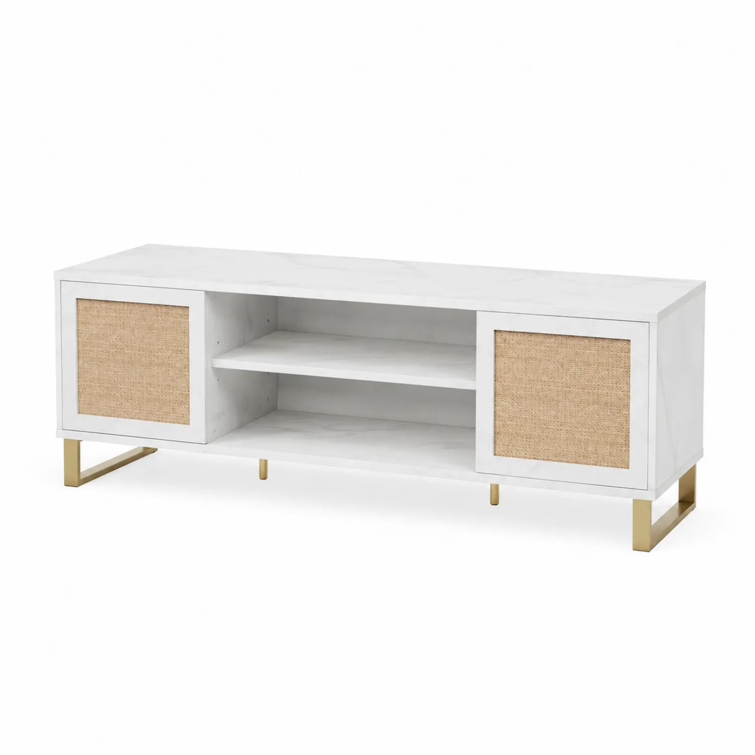 Meuble TV en bois avec portes en rotin et étagères 150x40x50 cm