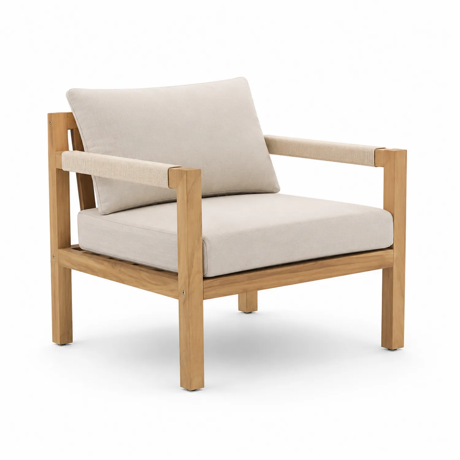 Fauteuil en Bois de Teck et Tissu Beige