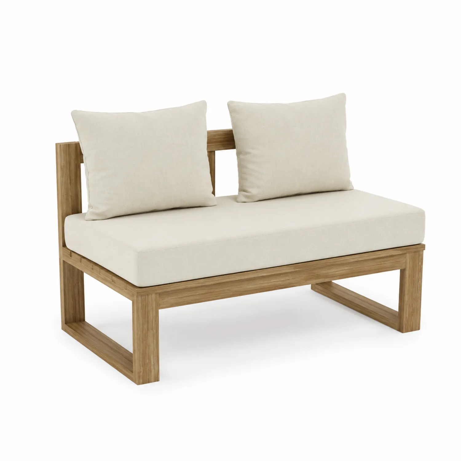 Banc en bois d'acacia avec coussins beige