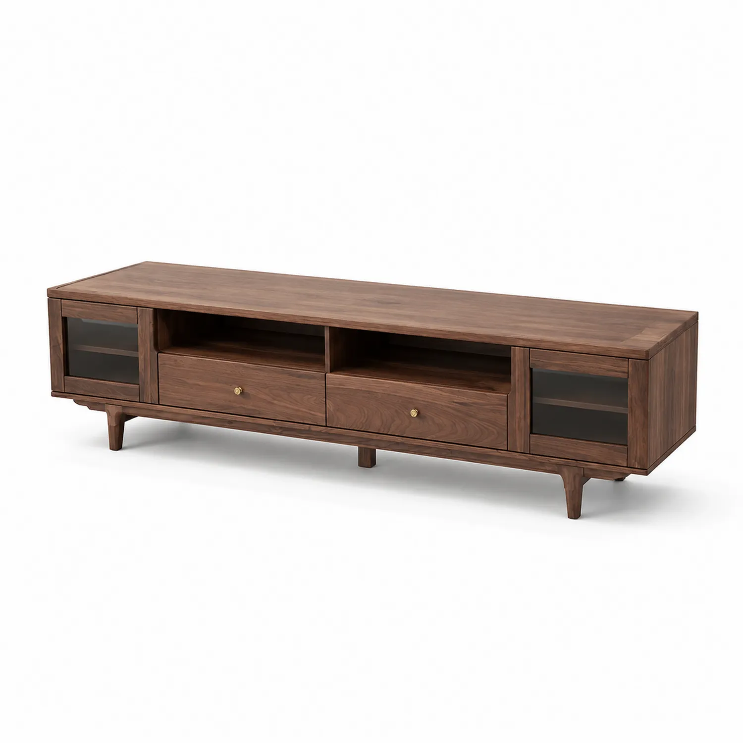Meuble TV en bois de noyer avec portes en verre trempé et tiroirs 220 cm