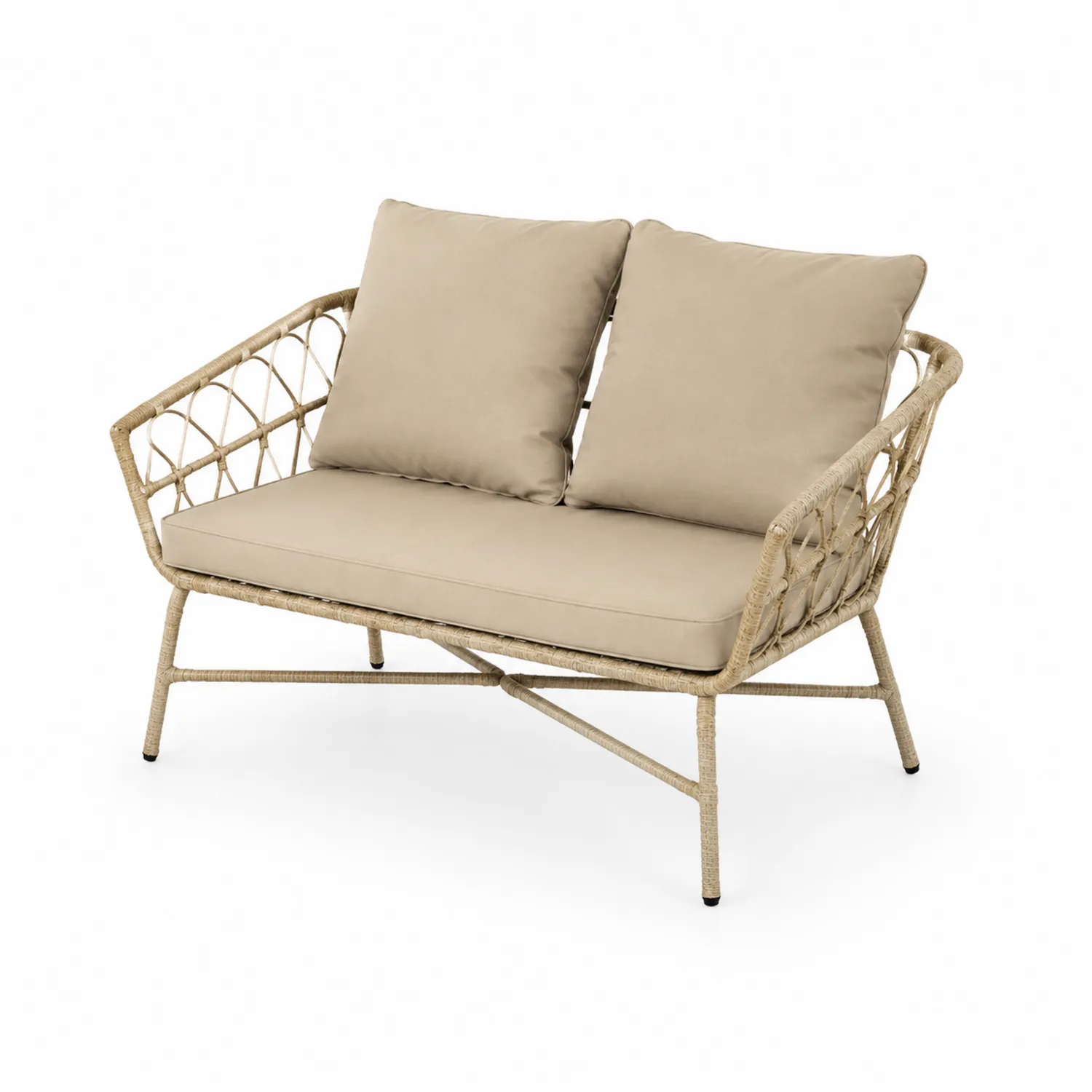 Canapé en résine tressée 2 places avec coussins beige