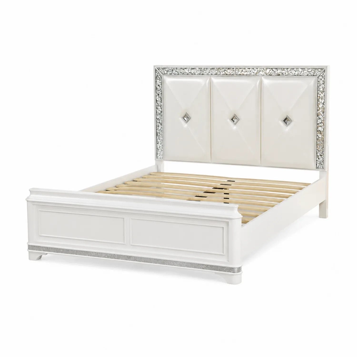 Lit en bois et similicuir blanc avec détails en verre