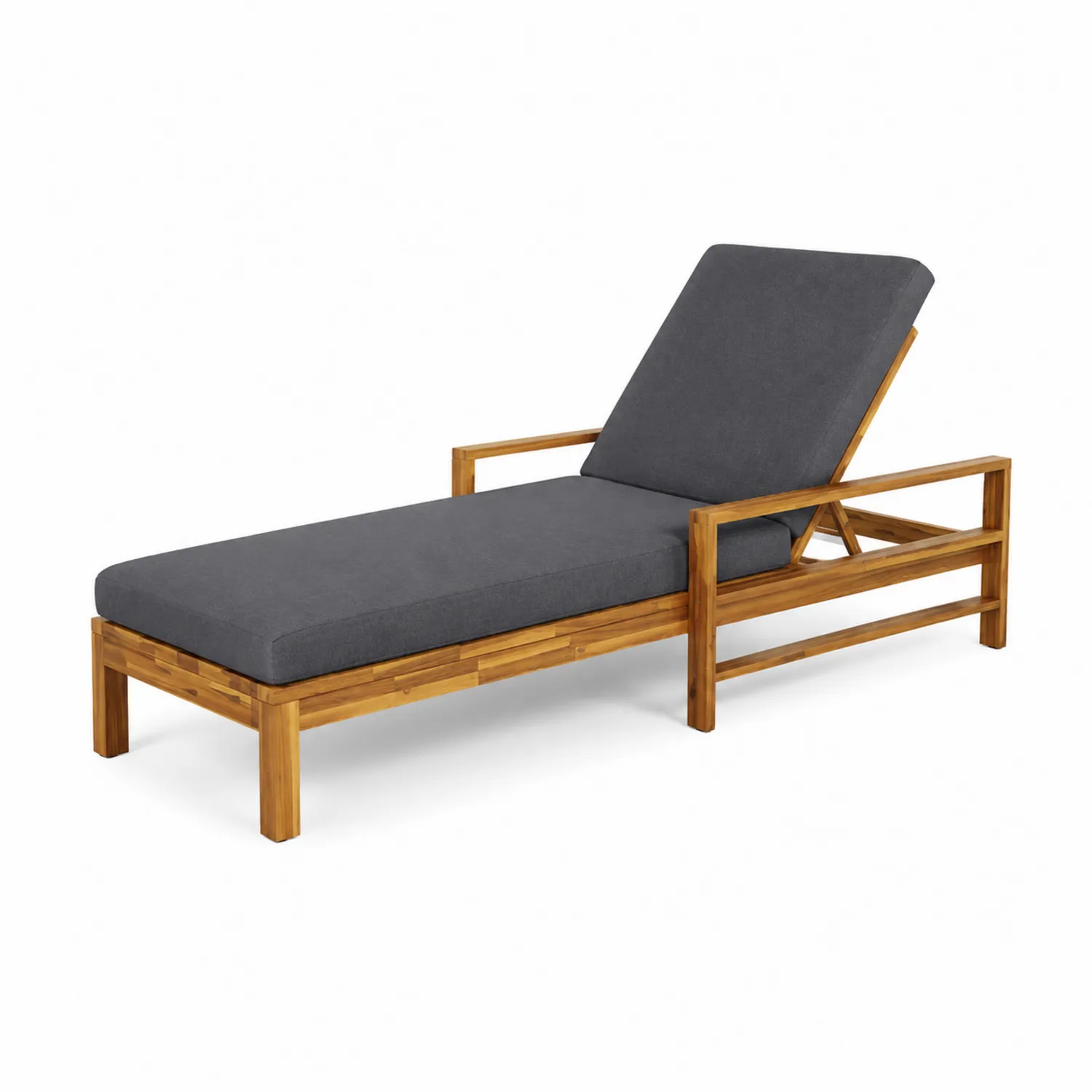 Chaise Longue Réglable en Acacia et Tissu Gris