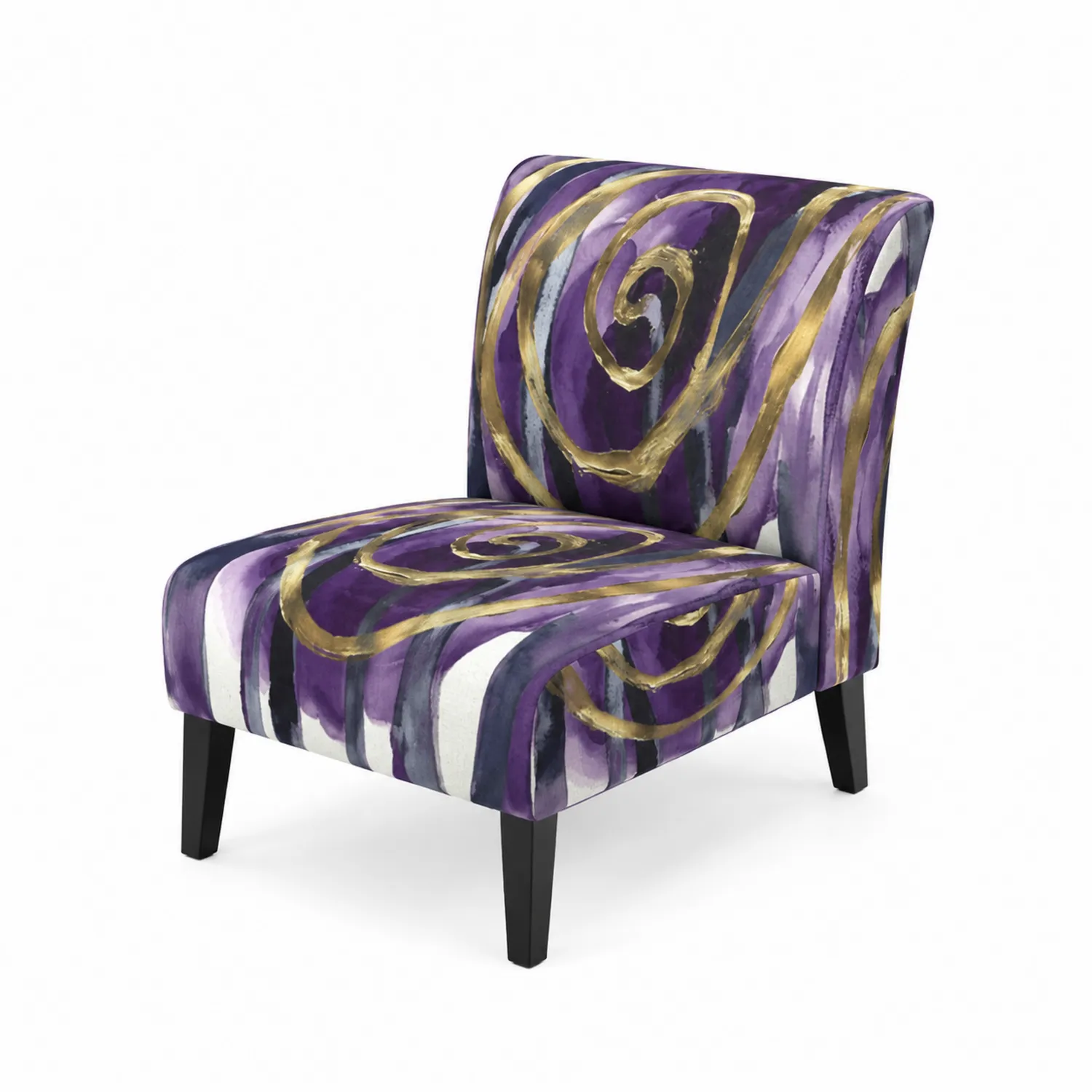 Fauteuil en bois avec revêtement en polyester imprimé violet et or