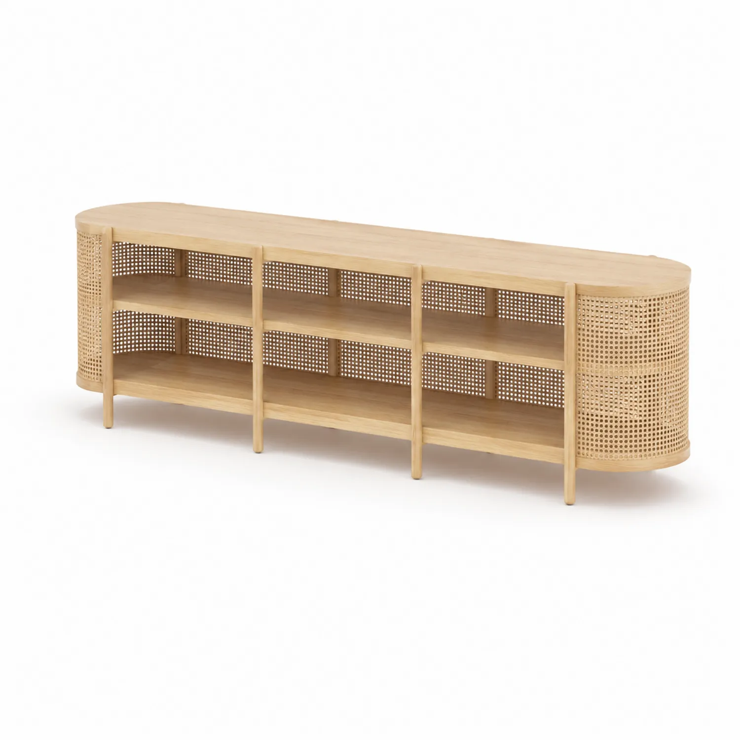Meuble TV ovale en bois avec rotin et trois étagères