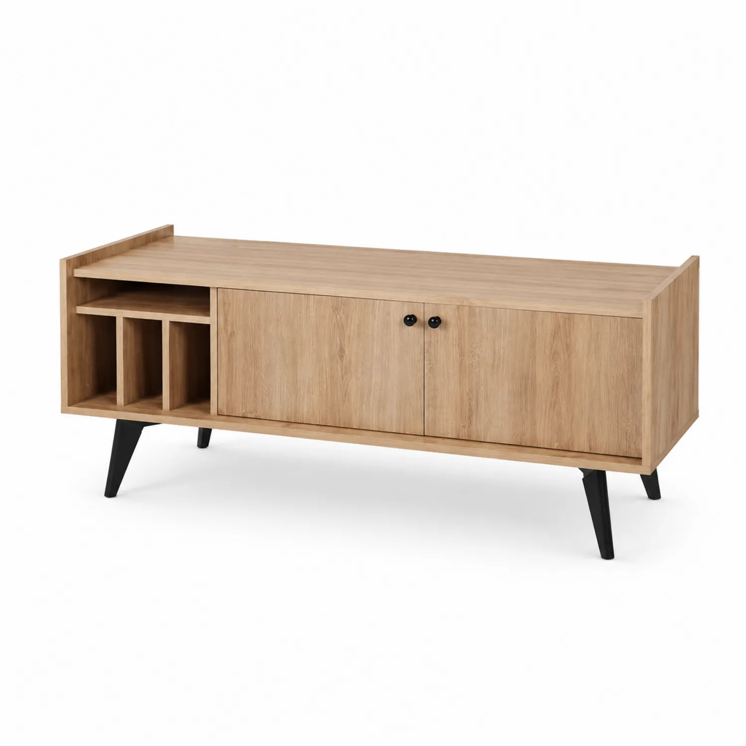 Meuble TV en bois avec étagères et portes