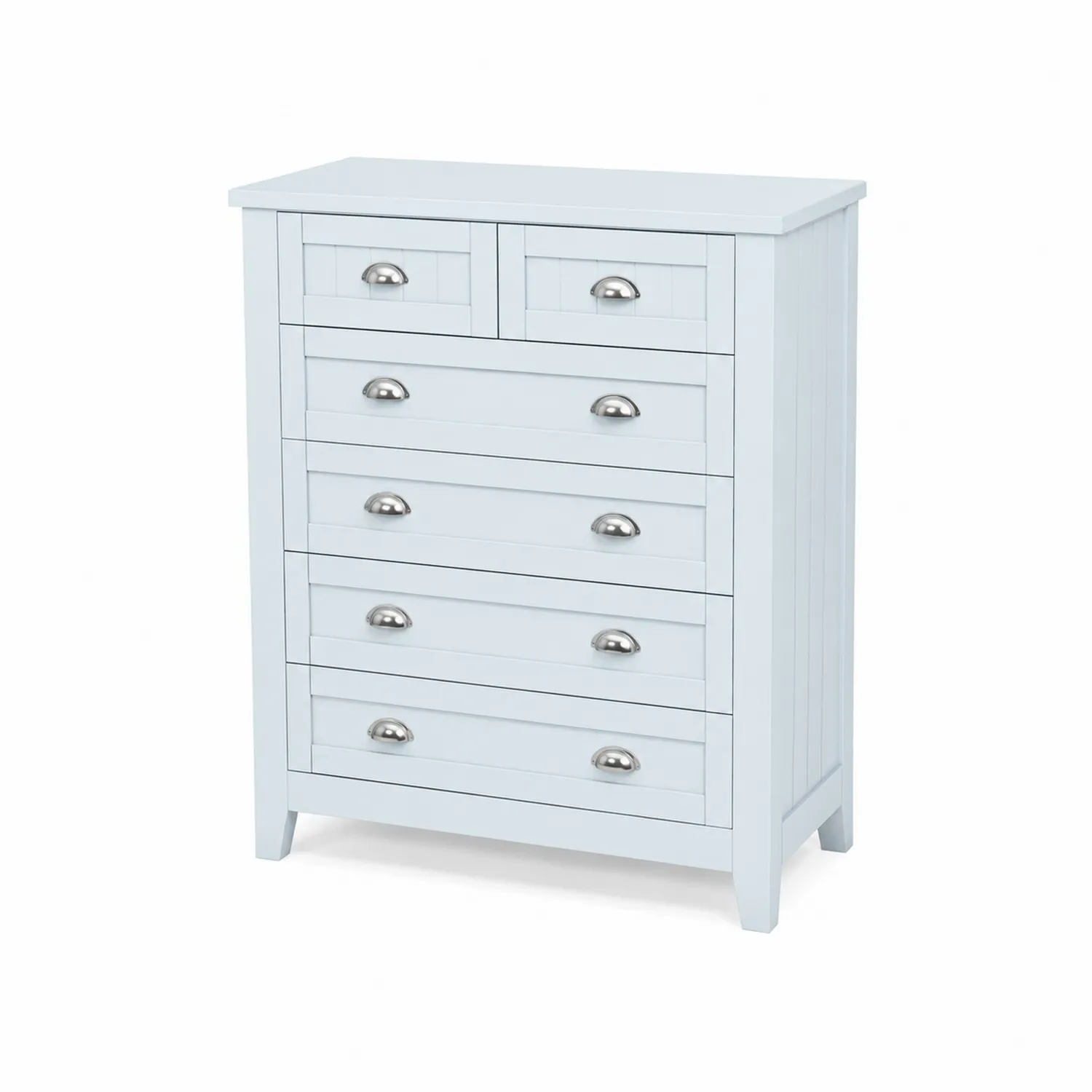Commode 6 tiroirs en bois de pin blanc avec poignées métalliques