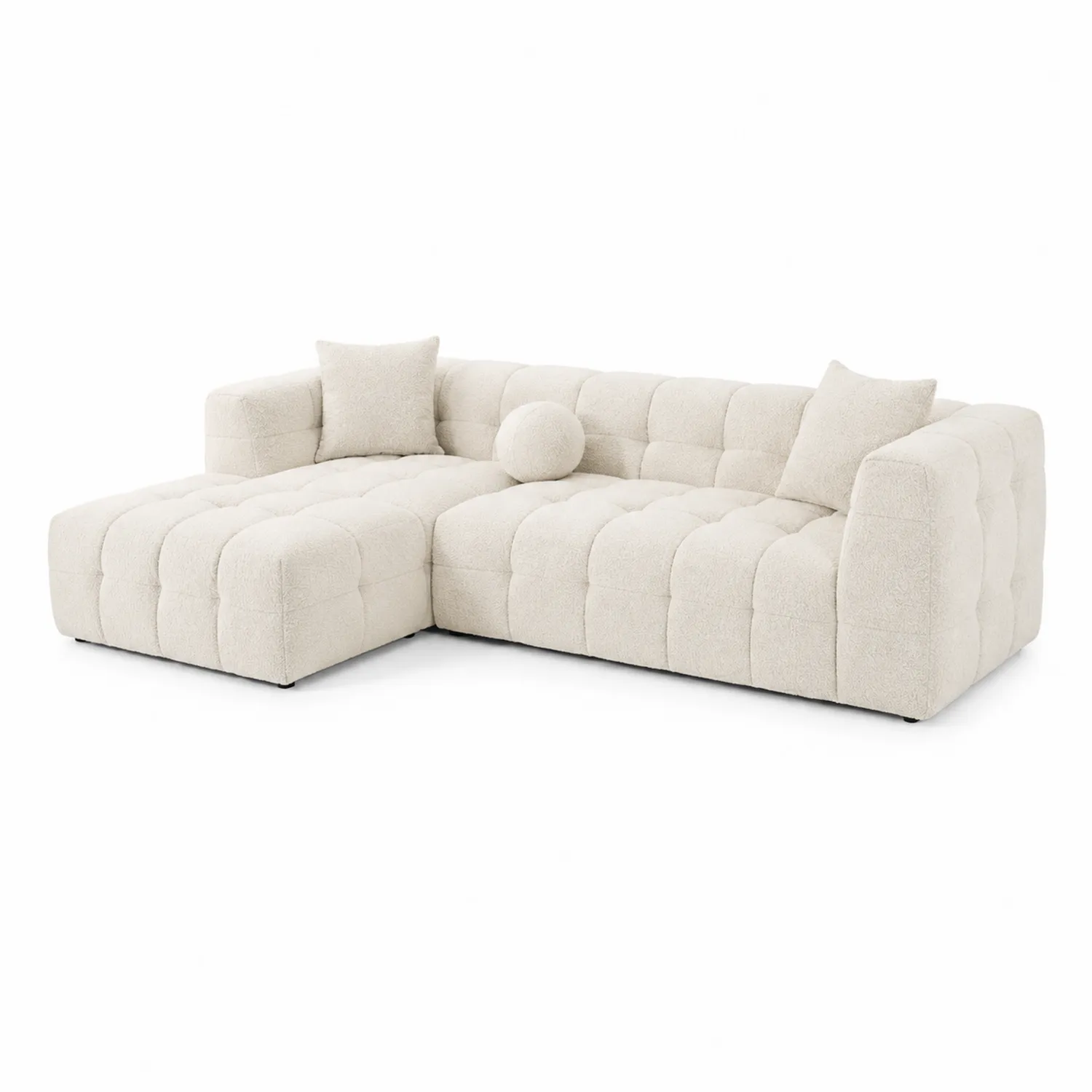 Canapé d'angle en tissu bouclé beige avec coussins