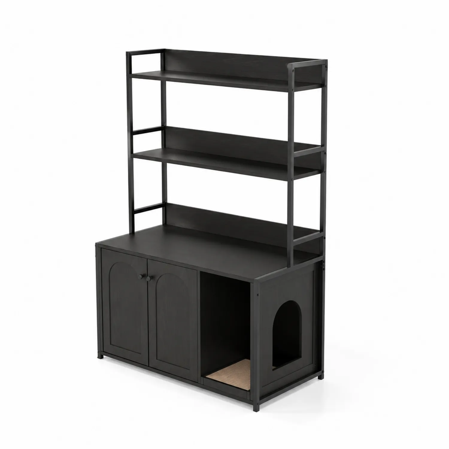 Étagère de rangement en bois noire avec placard et niche pour animaux 150 cm