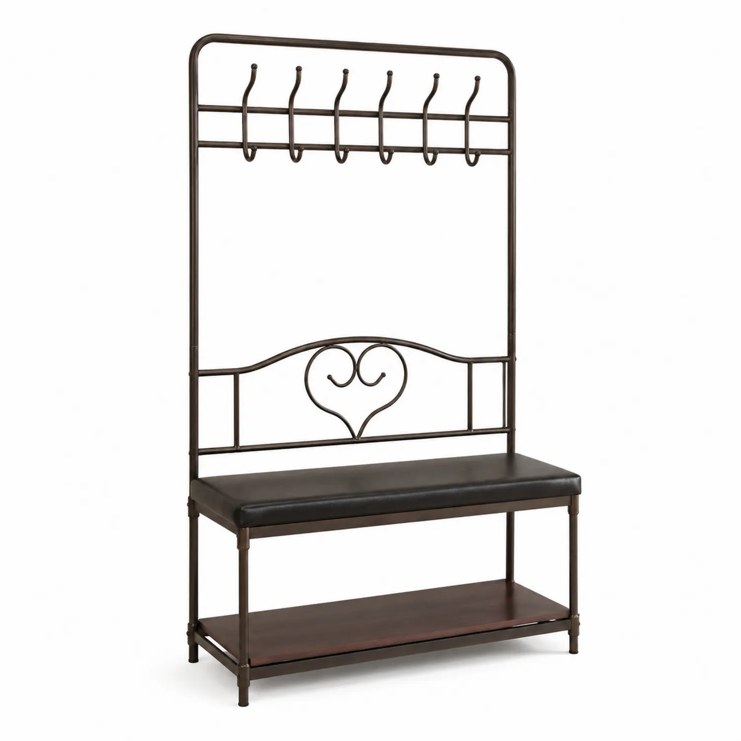 Banc d'entrée avec porte-manteau en métal brun et étagère