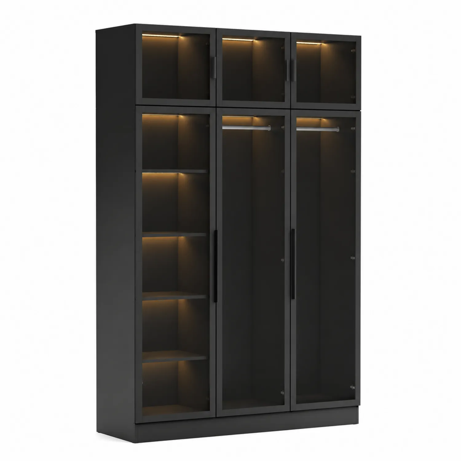 Armoire en métal noir avec portes en verre et éclairage LED