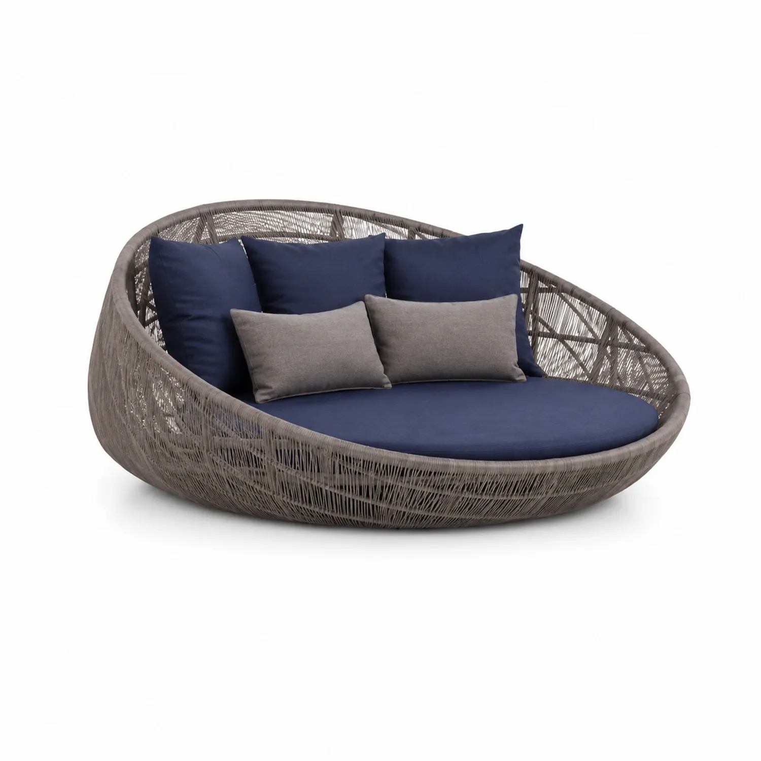 Sofa rond de jardin en corde avec coussins bleus et gris