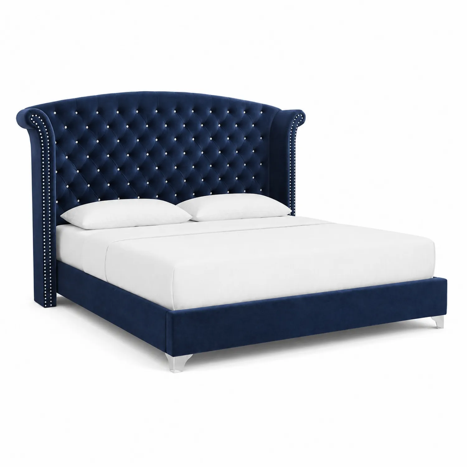Lit double en velours bleu avec tête de lit capitonnée