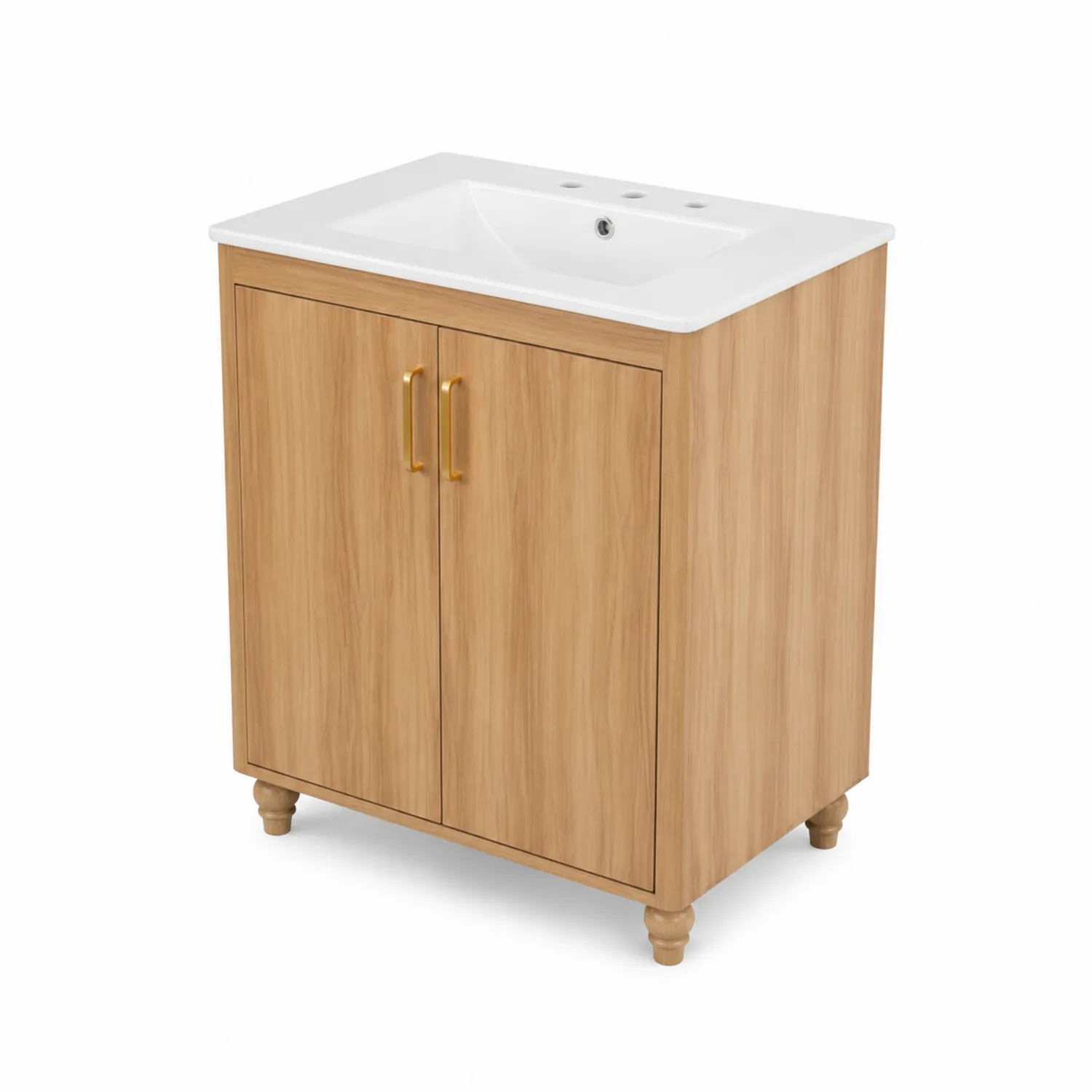 Meuble lavabo en bois clair avec vasque en céramique blanche