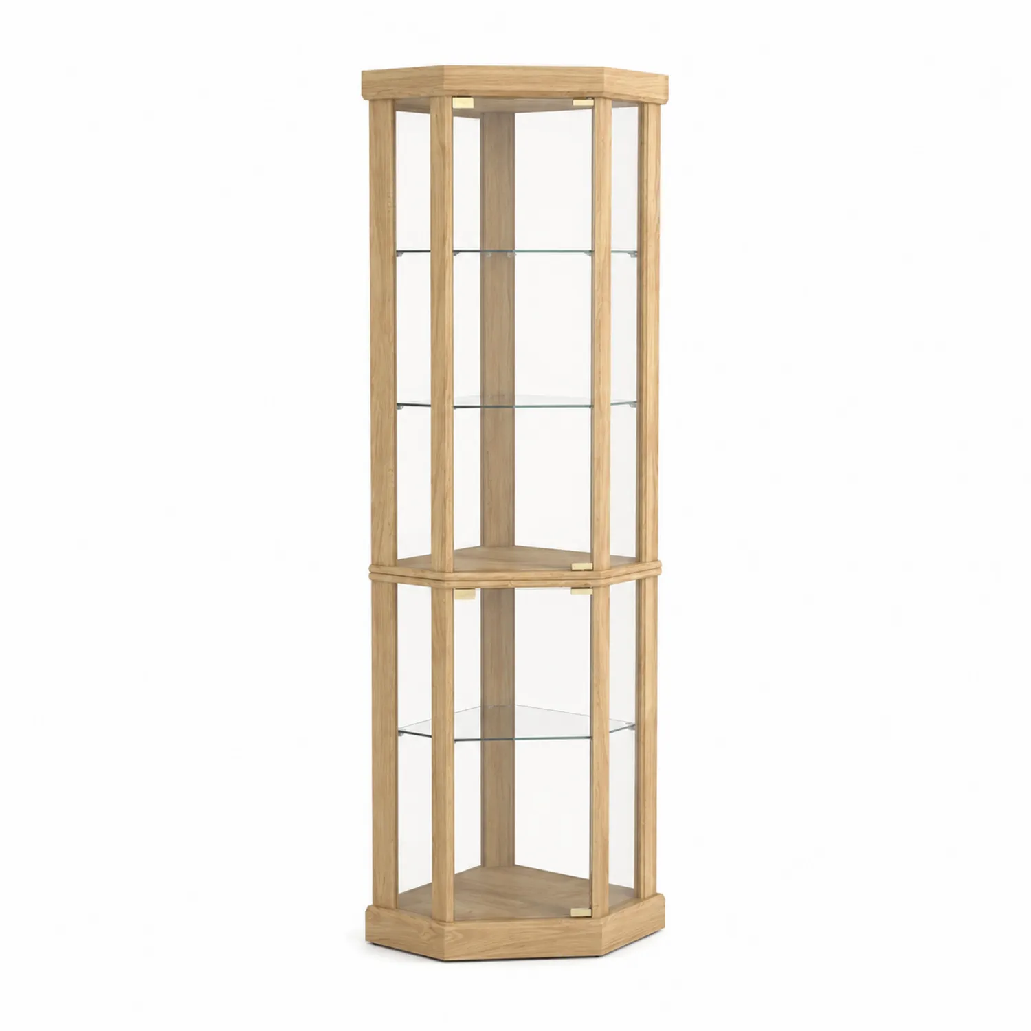 Vitrine d'angle en chêne clair et verre trempé