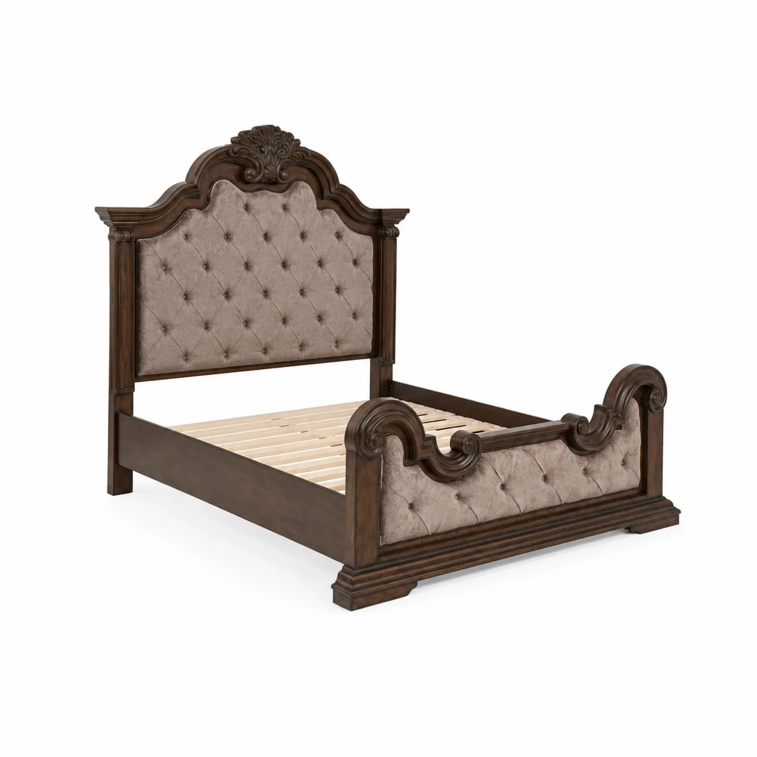 Lit double en bois et tissu polyester capitonné brun et beige