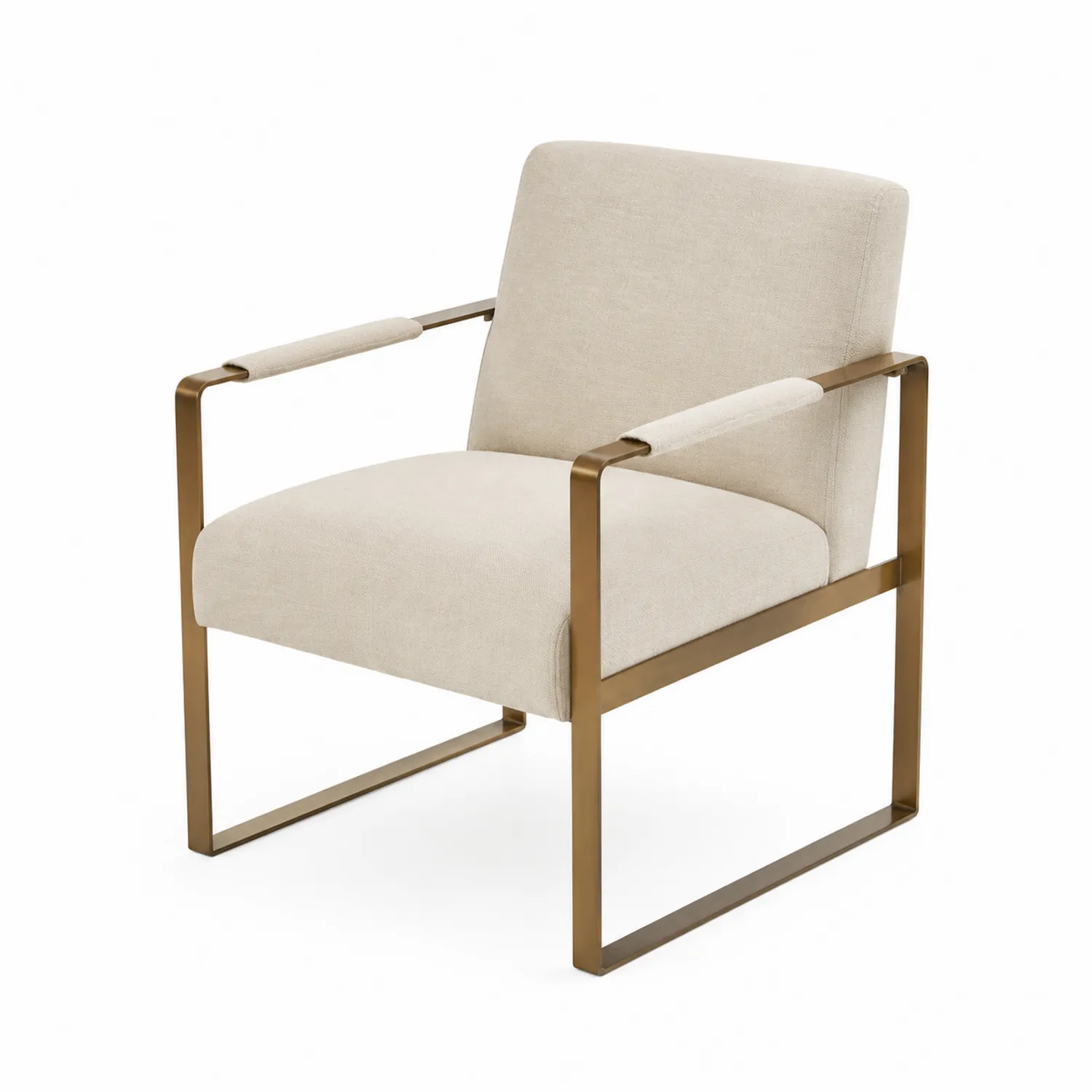 Fauteuil en tissu beige avec cadre en métal doré