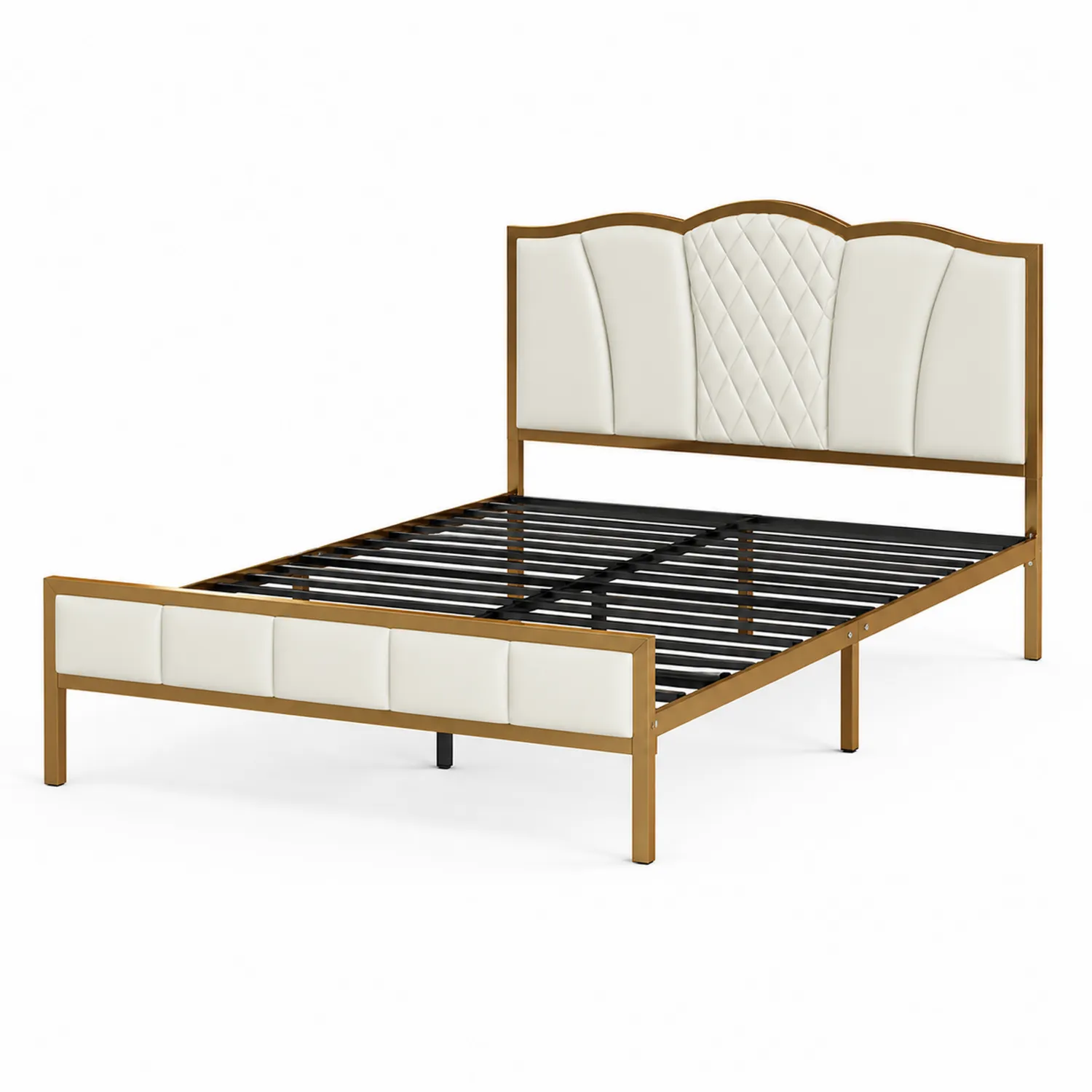 Lit double en métal avec tête de lit en simili cuir beige