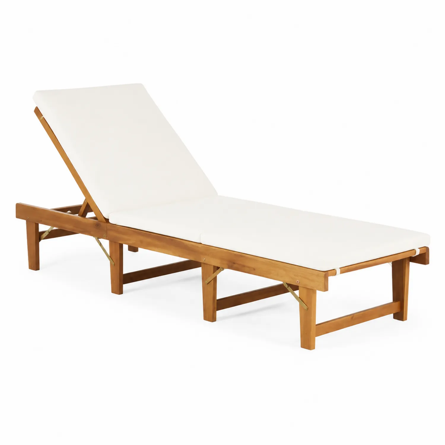 Chaise Longue Extérieure en Bois d'Acacia et Tissu Blanc