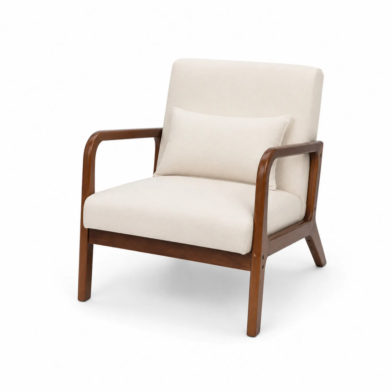 Fauteuil en bois et tissu beige avec coussin