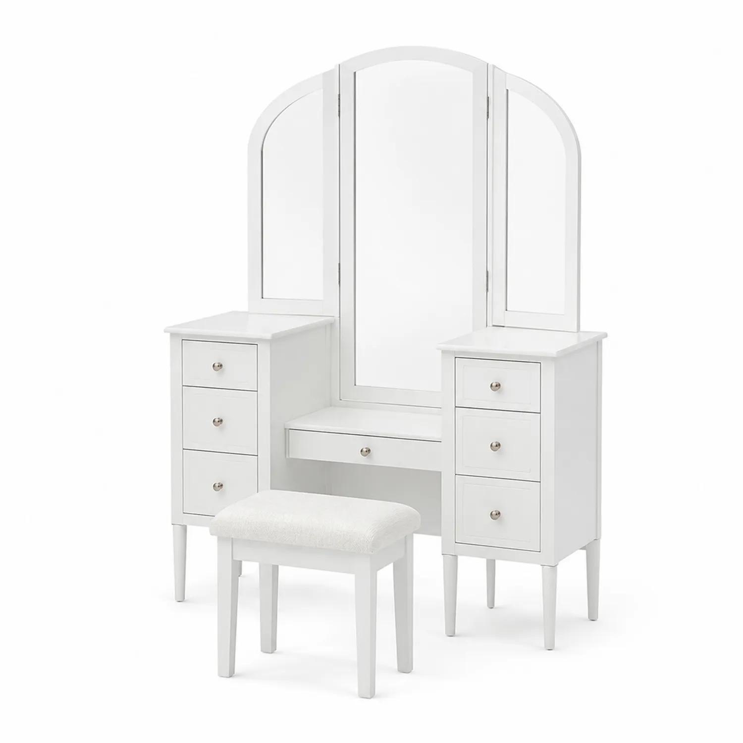 Coiffeuse avec Miroir Triptyque et Tabouret en Bois Blanc-norqironix