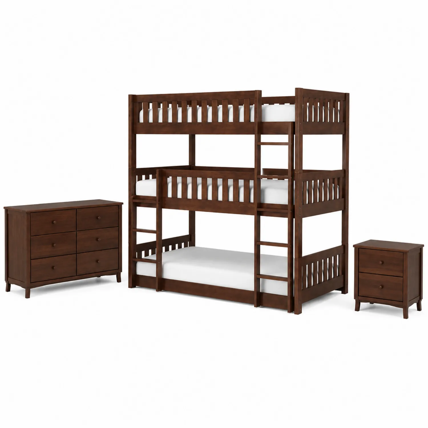 Ensemble de chambre en bois marron avec lits superposés, commode et table de chevet-norqironix