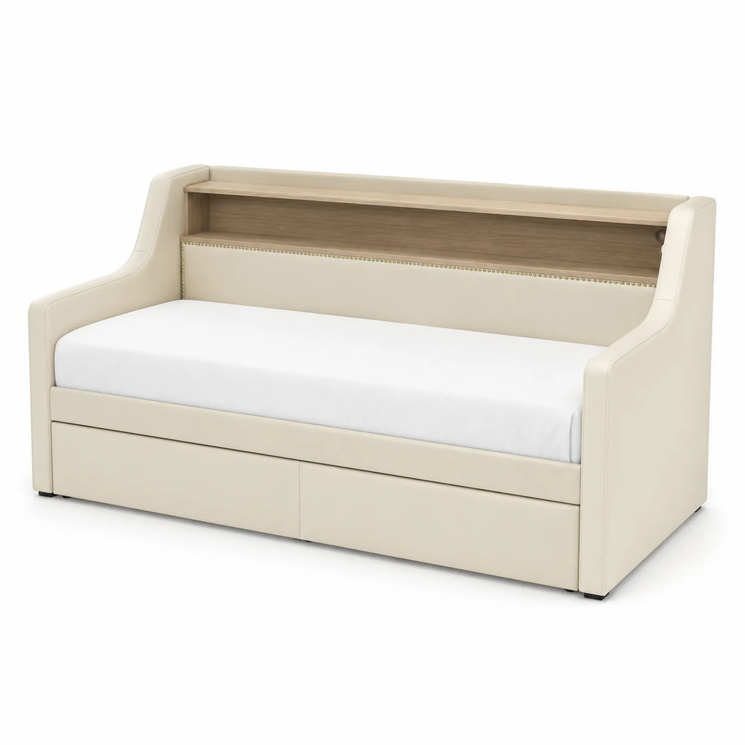 Lit de jour en similicuir Crème avec étagère et tiroirs 200x90 cm-norqironix