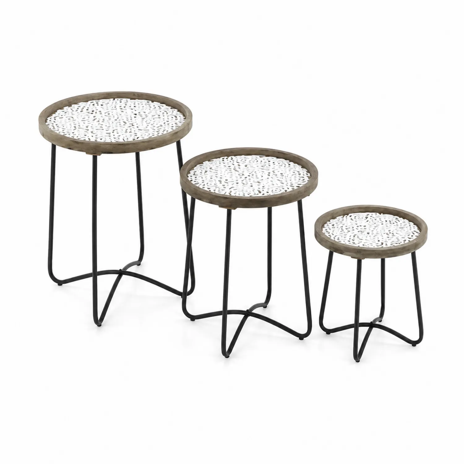 Ensemble de tables gigognes en bois et métal noir 3 pièces-norqironix