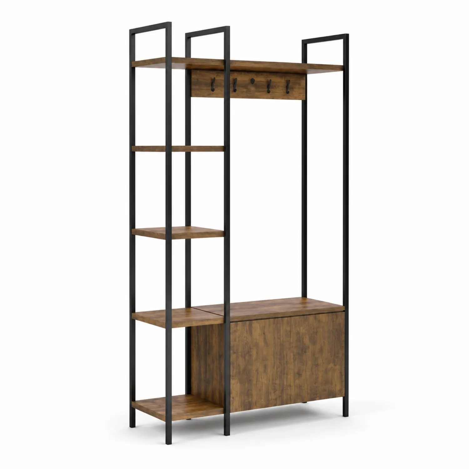 Porte-manteaux en bois et métal avec étagères et banc de rangement-norqironix