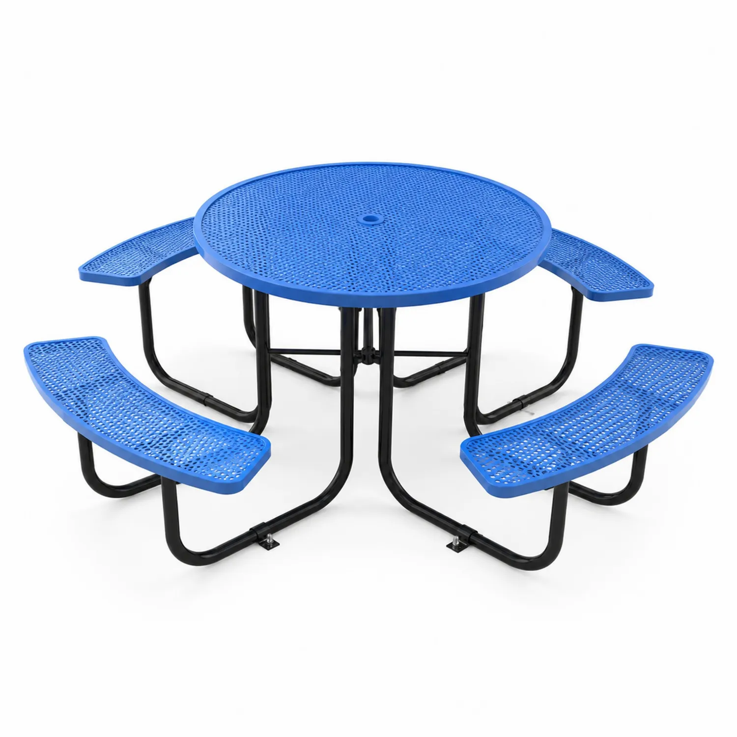 Table de pique-nique ronde en métal bleu avec bancs intégrés-norqironix