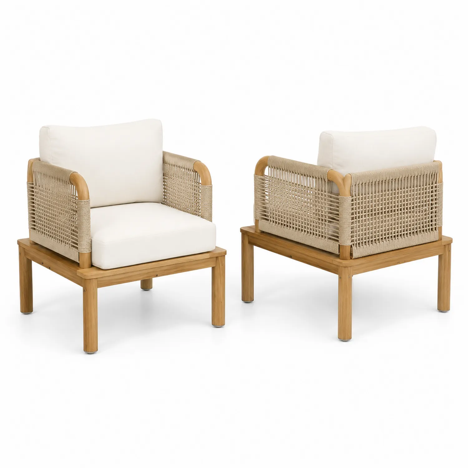 Ensemble de deux chaises en bois de teck et corde beige avec coussins crème-norqironix