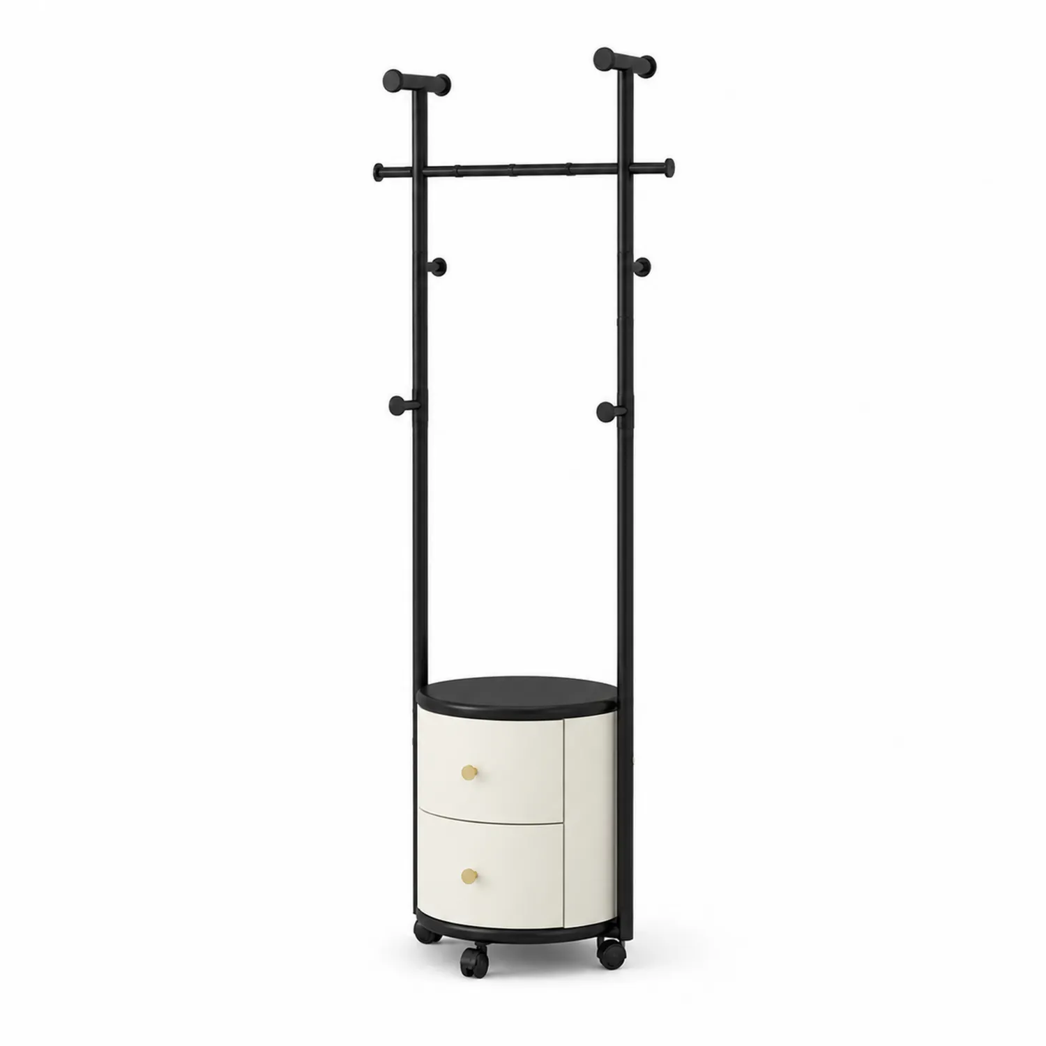 Portemanteau en métal noir avec tiroirs en bois, hauteur 180 cm-norqironix