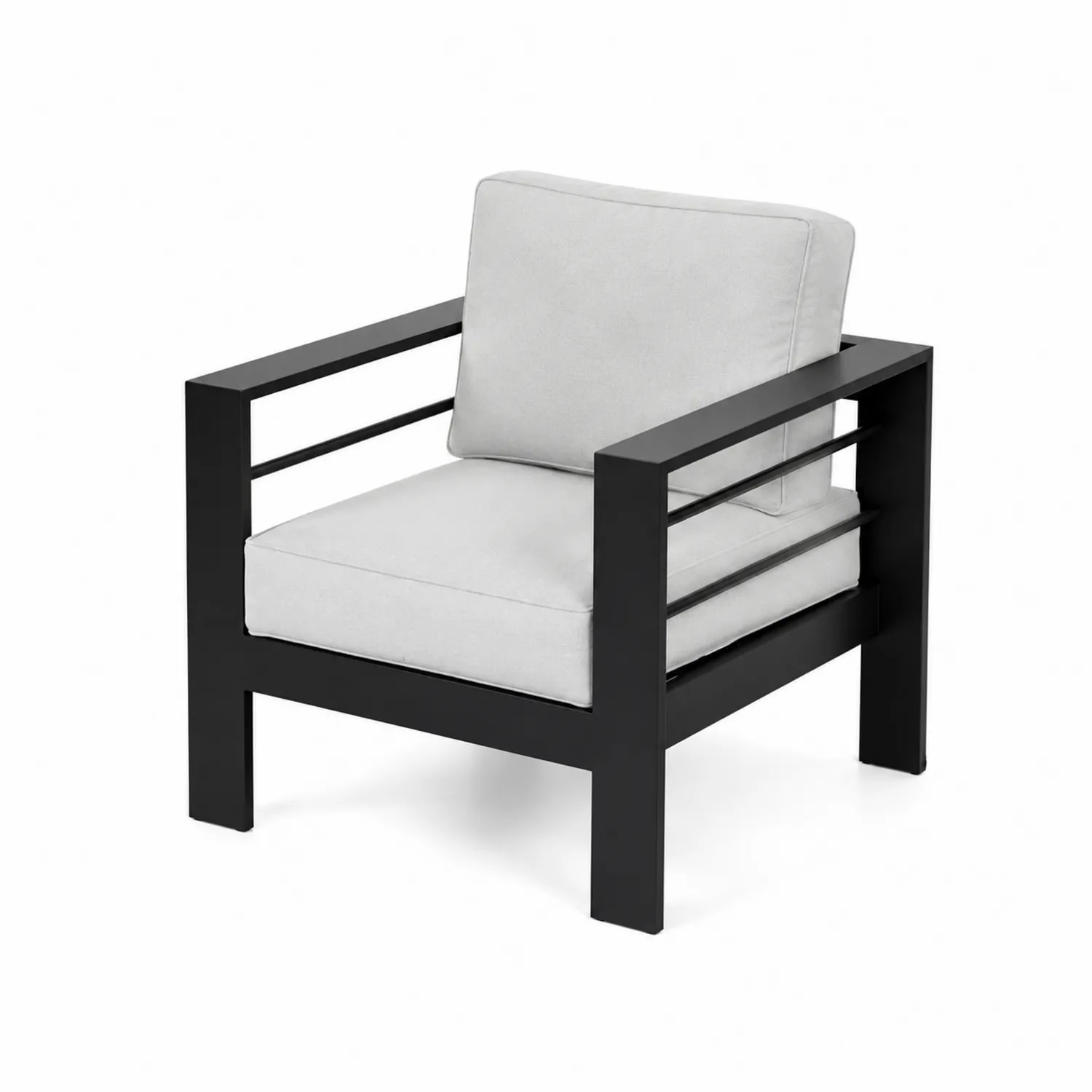 Fauteuil en aluminium noir avec coussins en tissu gris-norqironix